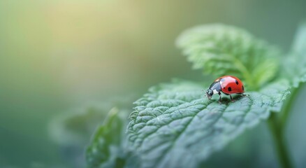 Fototapeta premium Ladybug Resting on Green Leaf in a Sunlit Garden