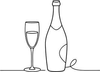 Minimalist Line Art Of Champagne Bottle And Glass
