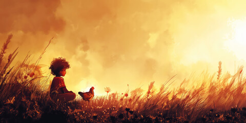 Fototapeta premium Child Sitting in Field with Chicken at Sunset: Tranquil Nature Scene