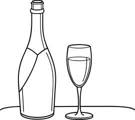 Line Art Drawing of Wine Bottle and Glass