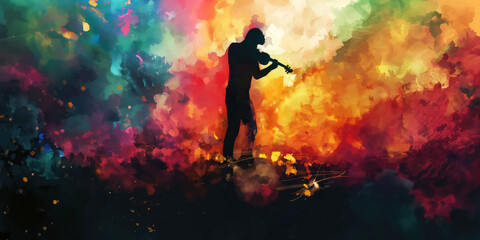 Silhouette of Violinist Against Colorful Abstract Background in Artistic Digital Painting