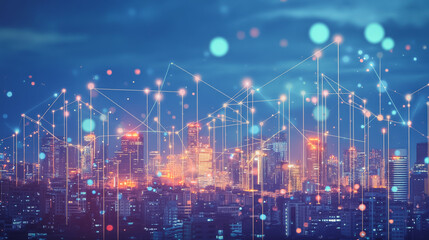 Fototapeta premium Smart digital city with connection network that is at the cutting edge of innovation in technology and business with bright, modern skyscrapers. Backgrounds for technology and charts and graphs 