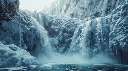 Winter waterfalls surrounded by ice