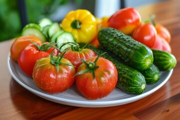 A plate filled with colorful, fresh vegetables like tomatoes, cucumbers, lettuce, carrots, and bell peppers, Juicy heirloom tomatoes and crisp cucumbers
