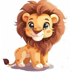 Obraz premium Chibi lion standing tall, proud but cute, small body, big head, isolated on white background