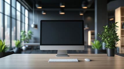 Modern Office Workspace with Desktop Computer and Greenery