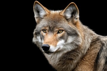 Fototapeta premium Photo of a wolf isolated against a black background, emphasising the wolf's majestic features. Wildlife and conservation concept, space for copy.
