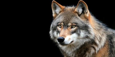 Photo of a wolf isolated against a black background, emphasising the wolf's majestic features. Wildlife and conservation concept, space for copy.