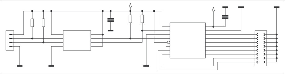Schematic diagram of electronic device on sheet of paper. Vector template of drawing electrical circuit with 
resistor, integrated circuit, capacitor, controller, gnd,
connector, other components.