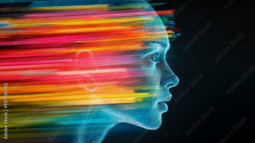 Poster a colorful representation of motion and thought in a profile view of a woman's face against a dark b