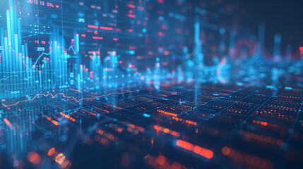 Fototapeta premium Concept of the stock market and fintech forex, featuring blurry blue digital charts over a dark 