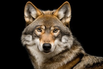 Obraz premium Photo of a wolf isolated against a black background, emphasising the wolf's majestic features. Wildlife and conservation concept, space for copy.