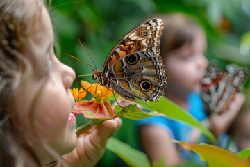 A young child watches intently as a colorful butterfly lands on a delicate flower in a sunny garden, Kids looking in awe at a butterfly landing on a flower