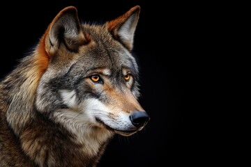 Fototapeta premium Photo of a wolf isolated against a black background, emphasising the wolf's majestic features. Wildlife and conservation concept, space for copy.