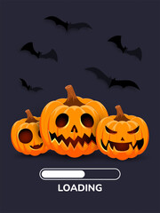 Loading Halloween banner with pumpkins and bats. Dark background with bats. Perfect for Halloween events and loading screens. Vector illustration.