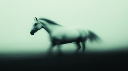 Fototapeta premium A white horse gracefully trots through a foggy landscape at dawn