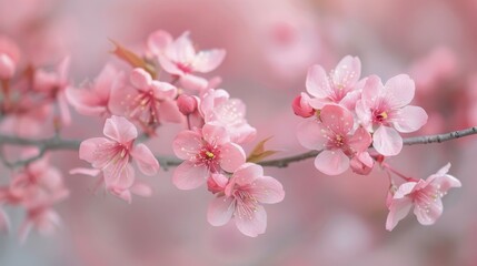 Delicate Cherry Blossom Branches Blooming in Springtime With Soft Pink Background