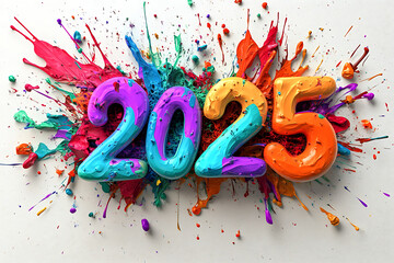 Date of the New Year 2025 is made of colored numbers on white background
