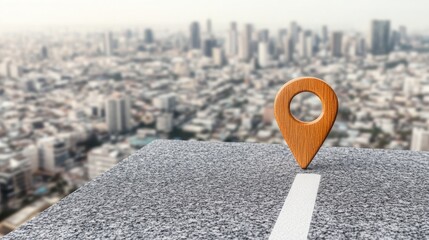 A vibrant 3D cartoon location pin icon marking the route on a deserted asphalt road with a bustling city skyline ahead