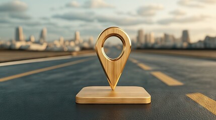 A vibrant 3D cartoon location pin icon marking the route on a deserted asphalt road with a bustling city skyline ahead