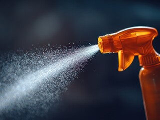 Close-up of an orange spray bottle emitting a fine mist against a dark background.