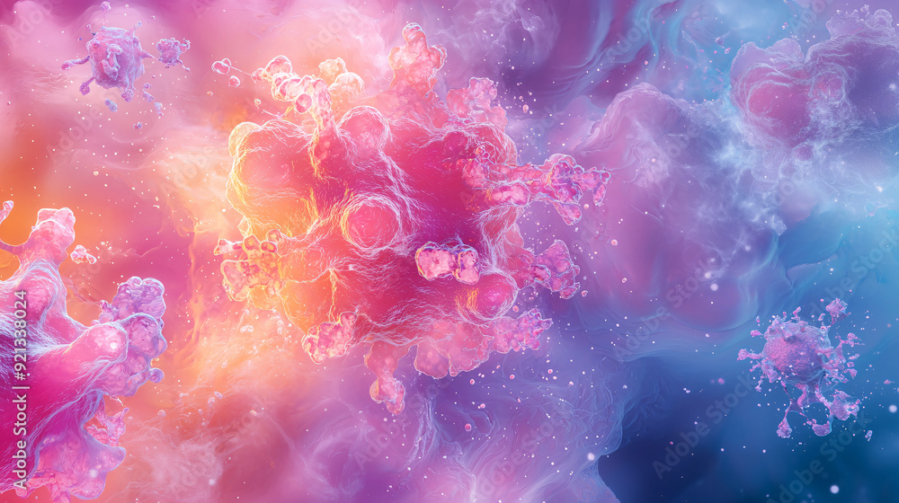 Wall mural a colorful space with a pink and orange blob in the middle. the blob is surrounded by other colorful