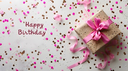 Happy birthday gift box with pink ribbon and confetti on white background, festive celebration scene