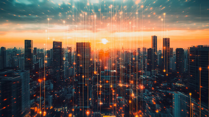 Smart digital city with connection network  that is at the cutting edge of innovation in technology and business with bright, modern skyscrapers. Backgrounds for technology and charts and graphs  