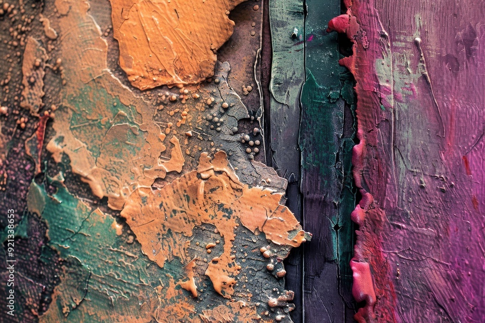 Poster close-up view of a colorful abstract painting with layers of different hues and textures, layer diff