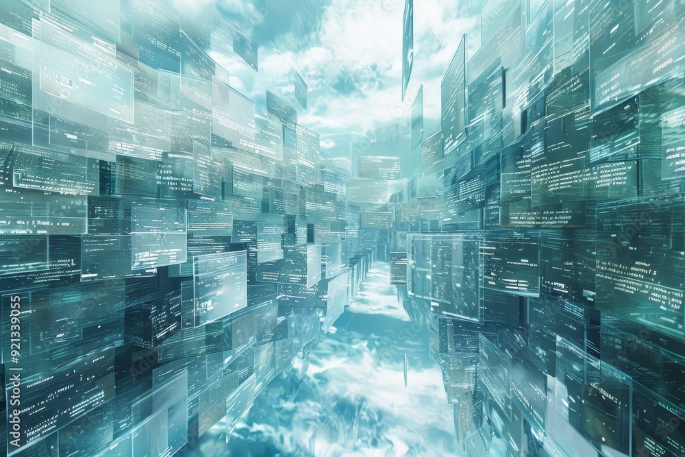 Poster digital visualization of a cityscape filled with a multitude of windows, representing urban density 