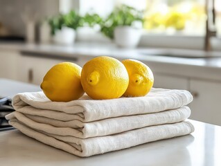 Three fresh lemons placed on folded white linens in a bright, modern kitchen.