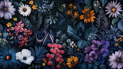 Brightly colored flowers bloom amidst lush greenery in a dark, enchanting garden