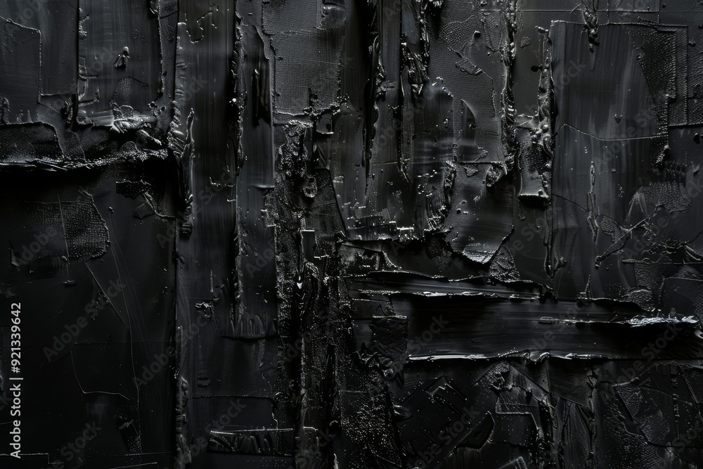 Poster a black wall with layers of peeling paint, showcasing depth and dimension in a monochromatic setting