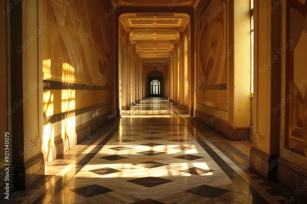 Poster perspective view of a hallway lined with checkered walls and floor extending into the distance, laye