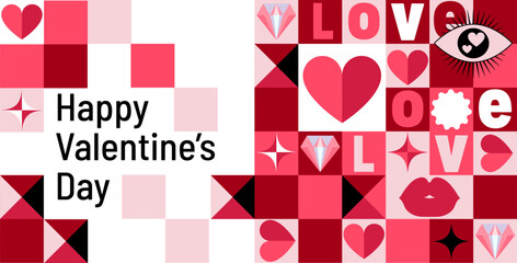 Y2k style Saint Valentines day banner vector layout with gifts, hearts, bows, and ribbons with different geometric shapes. Valentine Sale promotion. Vector Valentine illustration for greeting card.