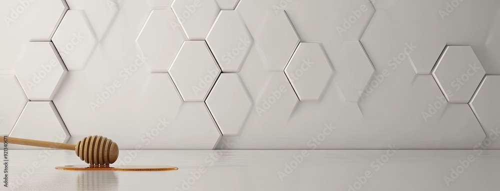 Poster a close up of honey elegantly dripping from a wooden stick with a honeycomb backdrop, creating a war