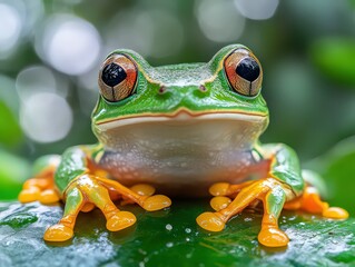  Close-up of a colorful tree frog sitting on a leaf, with vibrant green, orange, and red colors.