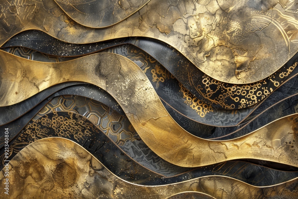 Poster close-up view of a painting featuring intricate layers of metallic gold intertwining with delicate b