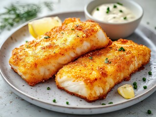 Fish fillets, such as cod or haddock, dipped in batter or breadcrumbs and fried until crispy, often served with tartar sauce.