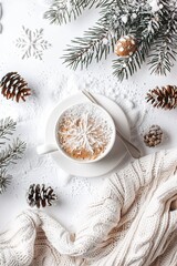 Top view snowed table, hot coco, white table, key visual, mockup