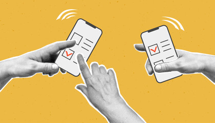 Collage with halftone hands holding phone and online election,  pushing voting button. Modern vector pop art retro style illustration. Design element for infographic, poster, website