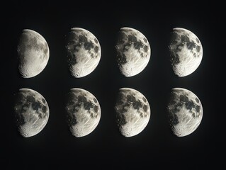 Obraz premium Sequence of eight phases of the moon displayed in a grid against a black background.