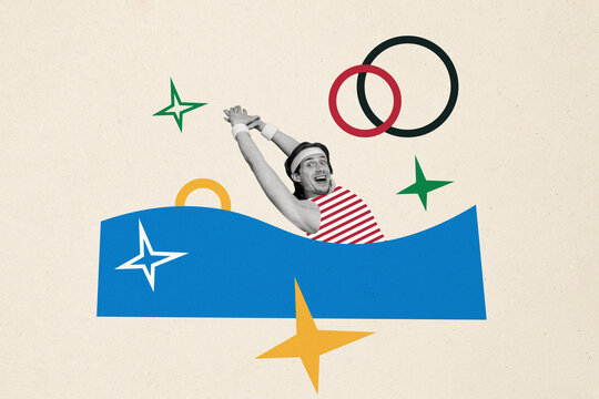 Composite photo collage of happy man swimmer dive water pool olympic games circle symbol sport contest isolated on painted background - Powered by Adobe