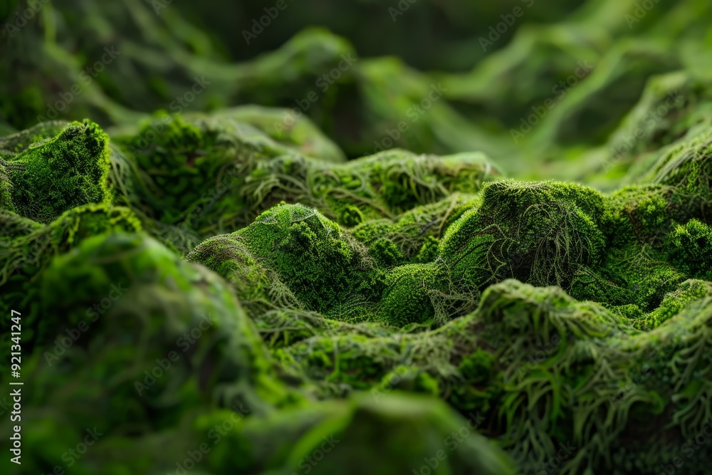 Poster detailed close up view of textured mossy surface with layers of green moss creating depth and dimens