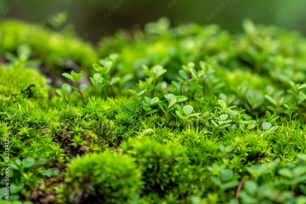 Poster detailed view of layers of green moss creating a textured surface with a sense of depth, layers of m