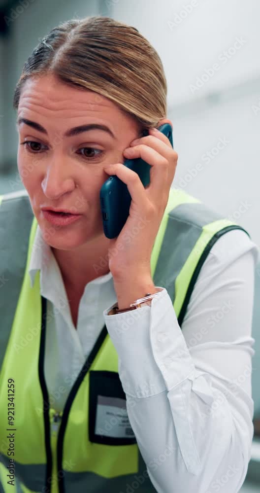 Poster woman, engineer and conversation with phone call with at warehouse for communication and connection.