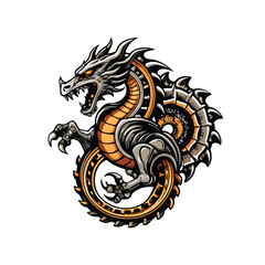 A fierce mechanical dragon with metallic scales and gears, curled into a defensive position.