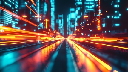 Obraz premium Night view of a city street with blurred lights and reflections