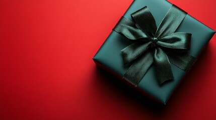 Elegant green gift box with black ribbon on a red background