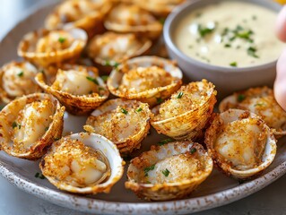 Plate of baked clams topped with breadcrumbs, served with a dipping sauce on the side.